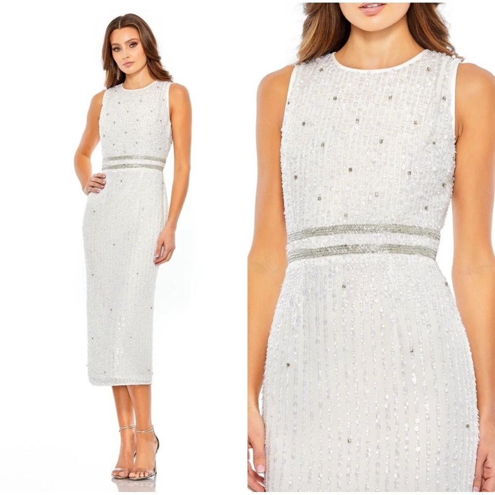 NWT Mac Duggal 10509 Sleeveless High Neck Beaded Midi‎ Sheath Dress White Sz 0